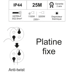 Enrouleur PRO de chantier 3G2.5 25m IP44 platine fixe (anti twist) - câble H07RN-F- 4 prises 16A - garantie 2 ans