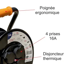 Enrouleur PRO de chantier 3G2.5 25m IP44 platine fixe (anti twist) - câble H07RN-F- 4 prises 16A - garantie 2 ans