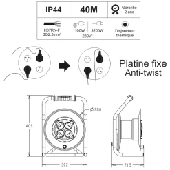 Enrouleur PRO de chantier 3G2.5 40m IP44 platine fixe (anti twist) - câble H07RN-F- 4 prises 16A - garantie 2 ans