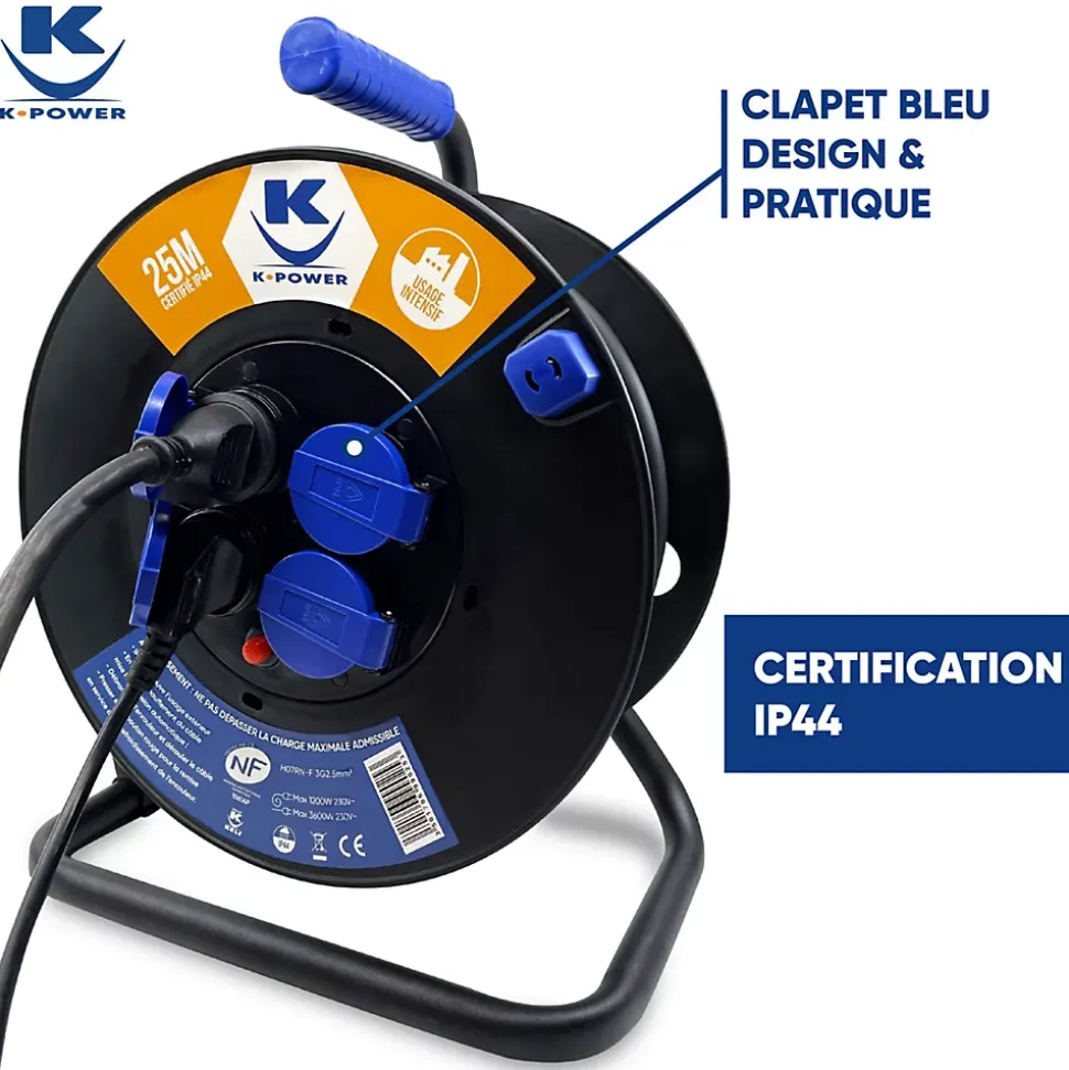 Enrouleur Pro 25M 3G2.5 IP44 avec 4 Prises à Clapet pour Usage Intensif en Intérieur & Extérieur