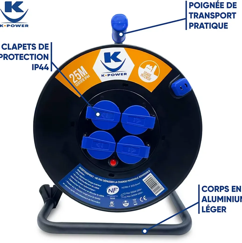 Enrouleur Pro 25M 3G2.5 IP44 avec 4 Prises à Clapet pour Usage Intensif en Intérieur & Extérieur
