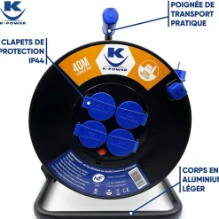 Enrouleur Pro 40M 3G2.5 IP44 avec 4 Prises à Clapet pour Usage Intensif en Intérieur & Extérieur