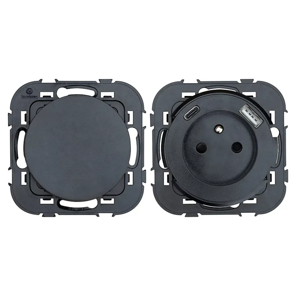 Ensemble double interrupteur + 1 prise avec terre affleurante + 1 prise USB-A+C Jacobsen Espen noir composable