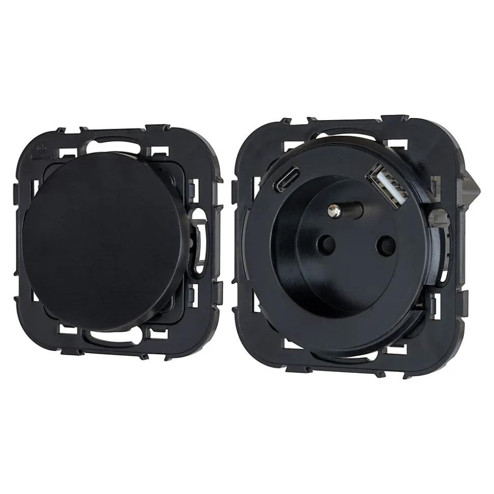 Ensemble double interrupteur + 1 prise avec terre affleurante + 1 prise USB-A+C Jacobsen Espen noir composable