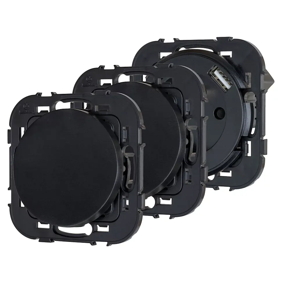 Ensemble double interrupteur + 1 prise avec terre affleurante + 1 prise USB-A+C Jacobsen Espen noir composable