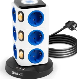 ET12L Tour multiprise 12 prises 3680W 13A 3x USB-A Veilleuse tactile Câble 1,8m Parasurtenseur protection surtension Duronic