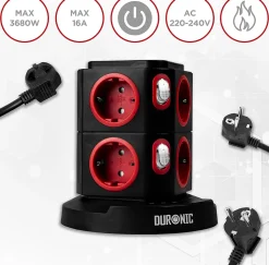 ET8W Tour multiprise 8 prises 3680W 13A 3x USB recharge sans fil Câble 1,8m Parasurtenseur protection surtension Duronic