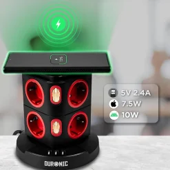 ET8W Tour multiprise 8 prises 3680W 13A 3x USB recharge sans fil Câble 1,8m Parasurtenseur protection surtension Duronic