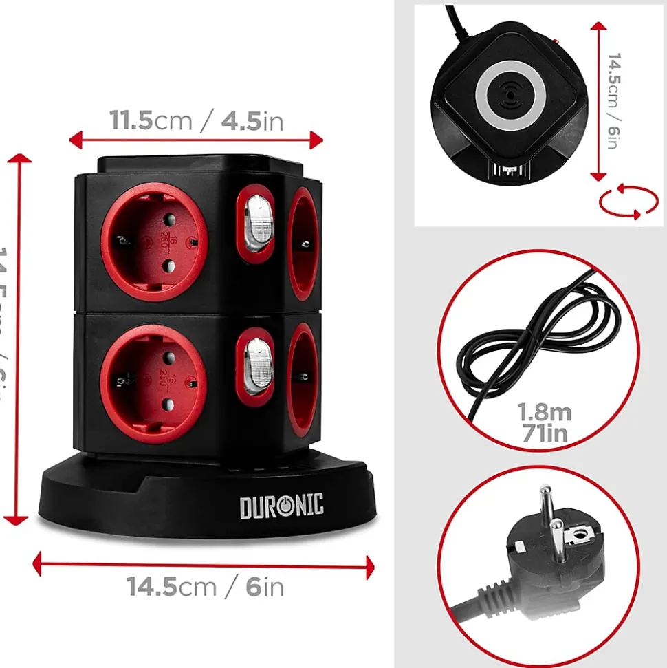ET8W Tour multiprise 8 prises 3680W 13A 3x USB recharge sans fil Câble 1,8m Parasurtenseur protection surtension Duronic
