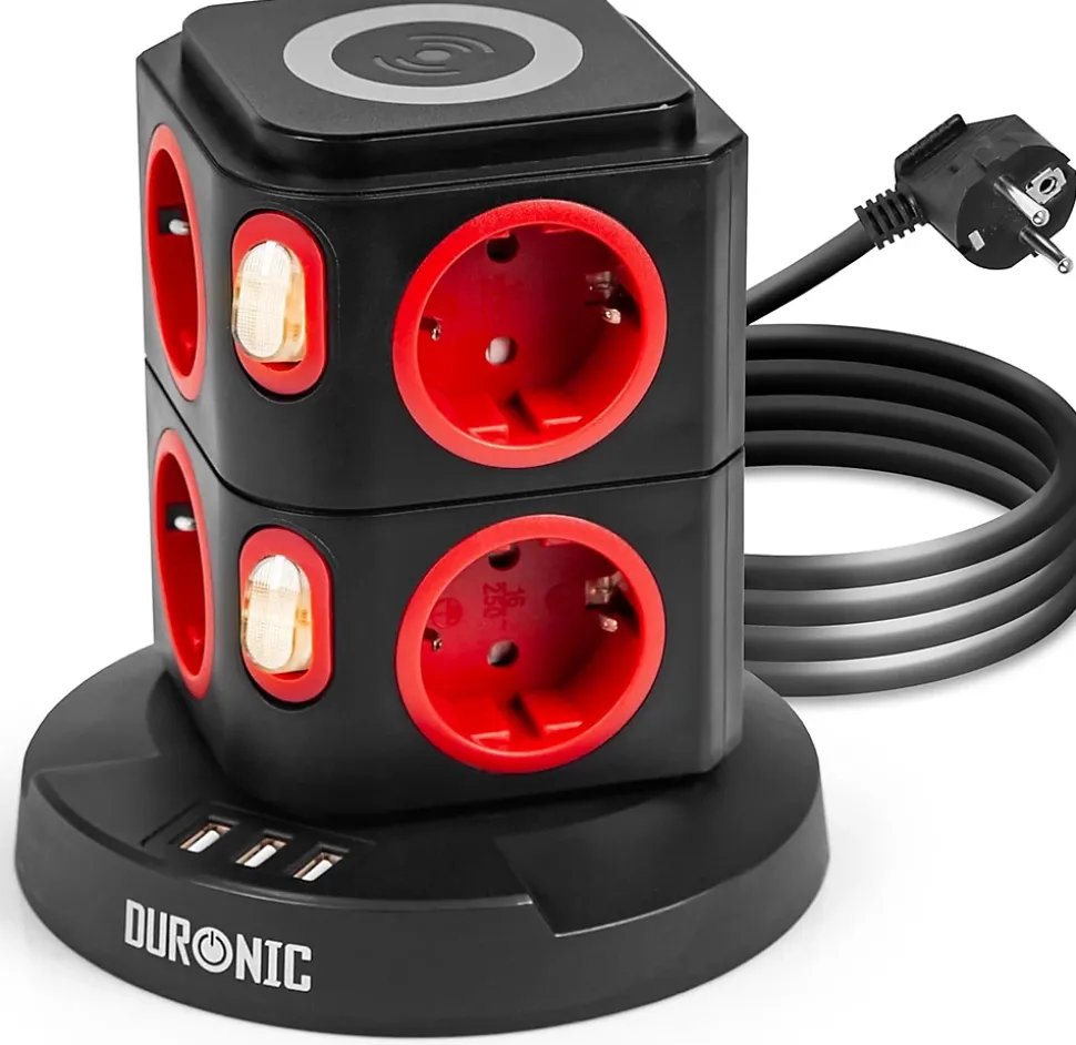 ET8W Tour multiprise 8 prises 3680W 13A 3x USB recharge sans fil Câble 1,8m Parasurtenseur protection surtension Duronic