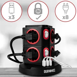 ET8W Tour multiprise 8 prises 3680W 13A 3x USB recharge sans fil Câble 1,8m Parasurtenseur protection surtension Duronic