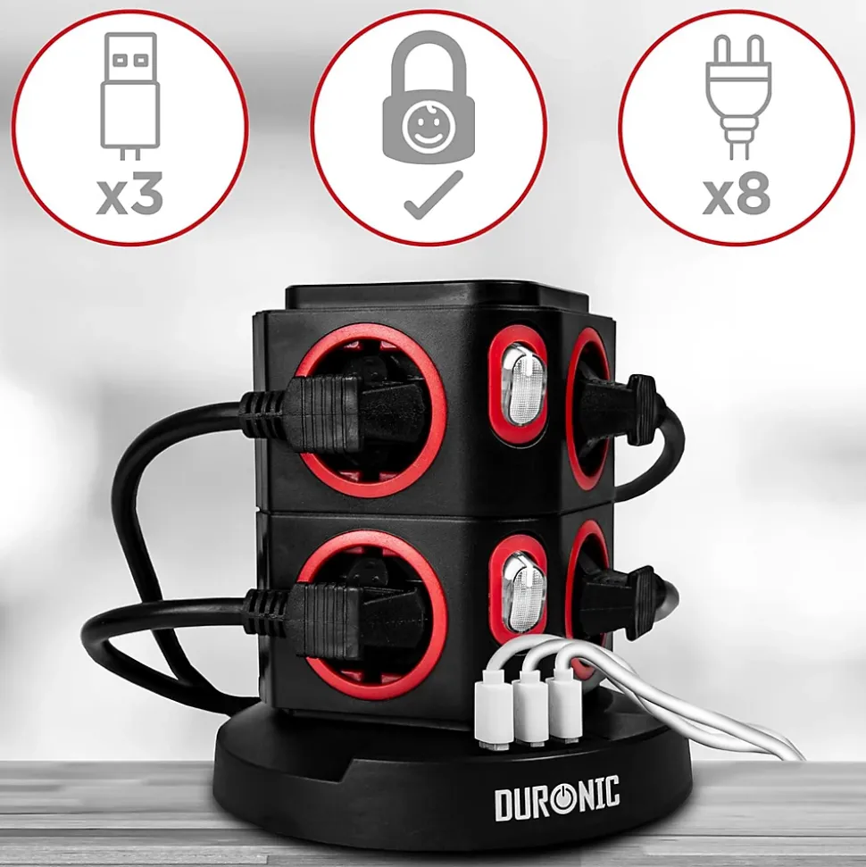 ET8W Tour multiprise 8 prises 3680W 13A 3x USB recharge sans fil Câble 1,8m Parasurtenseur protection surtension Duronic