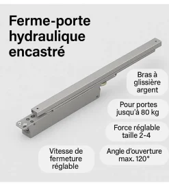 Ferme porte hydraulique encastré et Reversible DOM Insert 7500 bras glissière EN2 à EN4 80kg