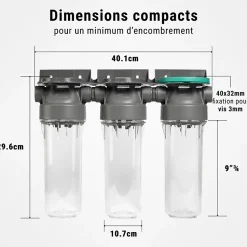 Filtre à eau triple 9' 3/4 + Pack protection complète filtration sous évier connexion 3/4'