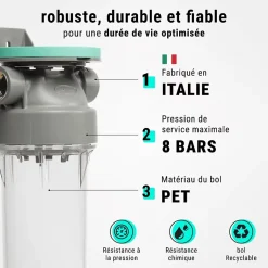 Filtre à eau triple 9' 3/4 + Pack protection complète filtration sous évier connexion 3/4'