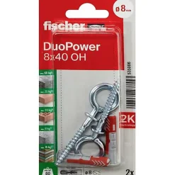Fischer DuoPower 8 x 40 OH Set de chevilles avec crochets à œillet, 2 chevilles + 2 vis 5,5 x 77