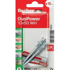 Fischer DuoPower 10 x 50 WH - Set chevilles nylon 10 mm avec 2 crochets coudés, pack 2