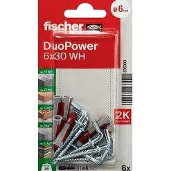 Fischer DuoPower 6 x 30 WH Set de 6 chevilles nylon avec crochets coudés