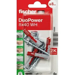 Fischer DuoPower 8 x 40 WH Set de 4 chevilles nylon avec crochets coudés - montage universel