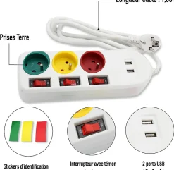 FISHTEC - Multiprise Trio Color - 3 prises avec interrupteurs + 2 ports USB - Câble 1,8 m - 3680W - ABS robuste