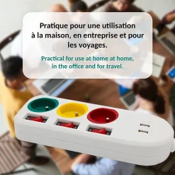 FISHTEC - Multiprise Trio Color - 3 prises avec interrupteurs + 2 ports USB - Câble 1,8 m - 3680W - ABS robuste
