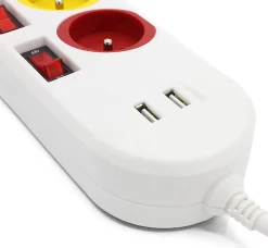 FISHTEC - Multiprise Trio Color - 3 prises avec interrupteurs + 2 ports USB - Câble 1,8 m - 3680W - ABS robuste