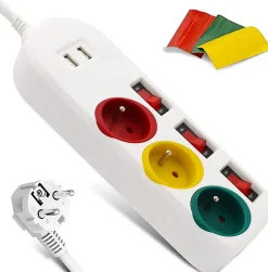 FISHTEC - Multiprise Trio Color - 3 prises avec interrupteurs + 2 ports USB - Câble 1,8 m - 3680W - ABS robuste