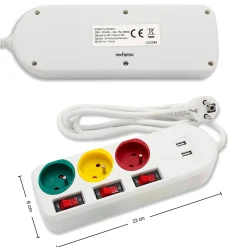 FISHTEC - Multiprise Trio Color - 3 prises avec interrupteurs + 2 ports USB - Câble 1,8 m - 3680W - ABS robuste