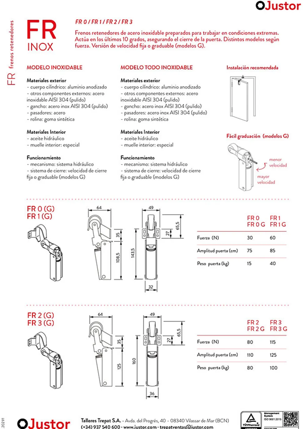 Frein de rétention force 80 N totalement en acier inox 304, pour porte jusquà 80 KG.