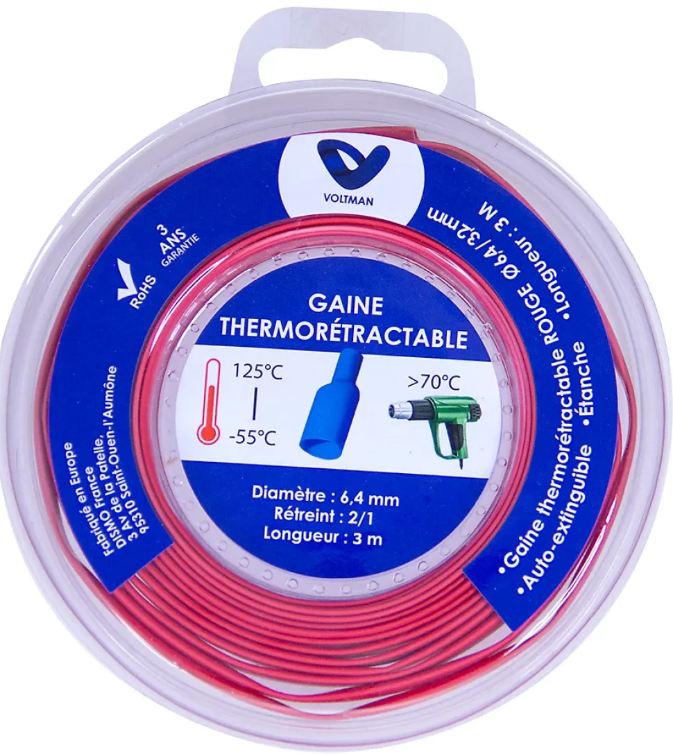 Gaine thermorétractable 3m - diamètre 6,4/3,4mm - Rouge - Voltman