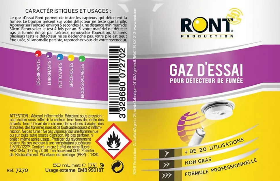 Gaz d'essai pour détecteur de fumée Ront 75 ml