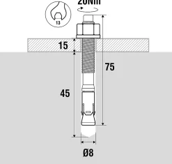 Goujon inox 8 x 75 mm, lot de 20 Acier inoxydable