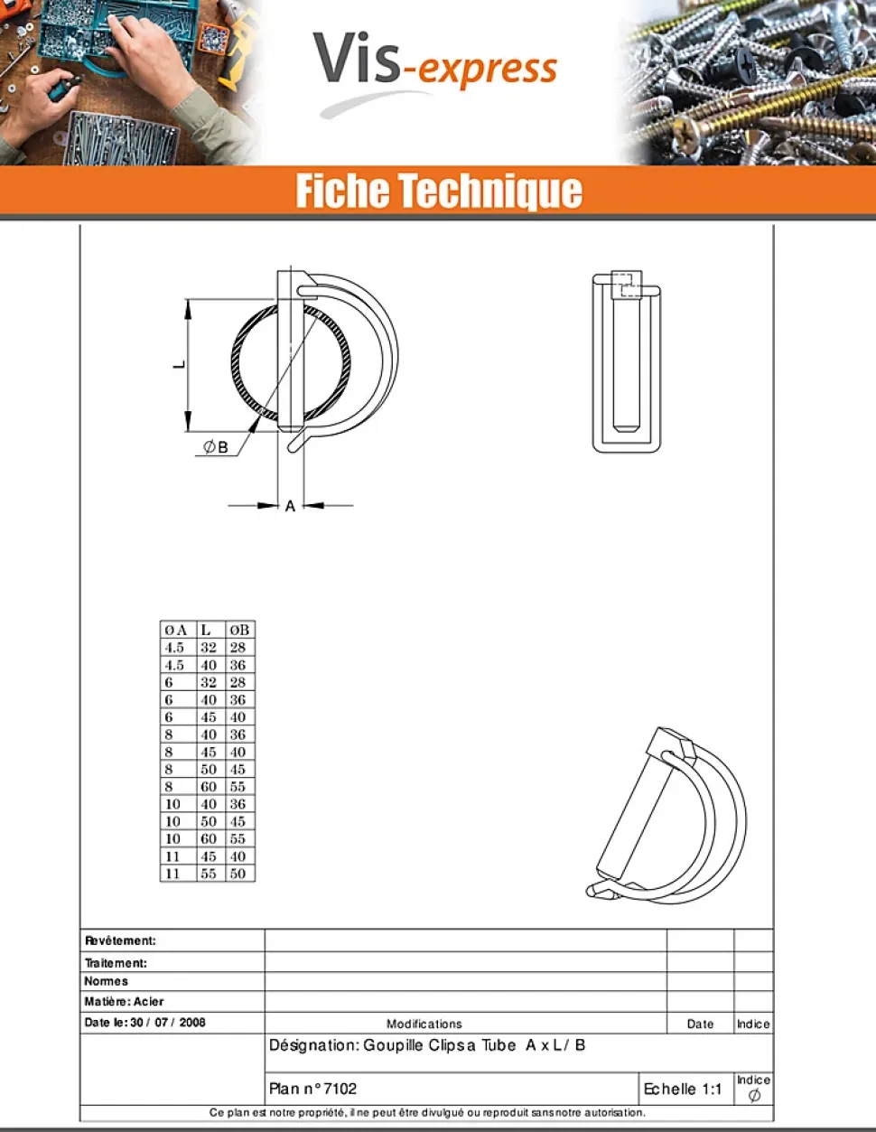 Goupille clips 6X40 Pour tube de 36 Acier zingué - 1 pièce