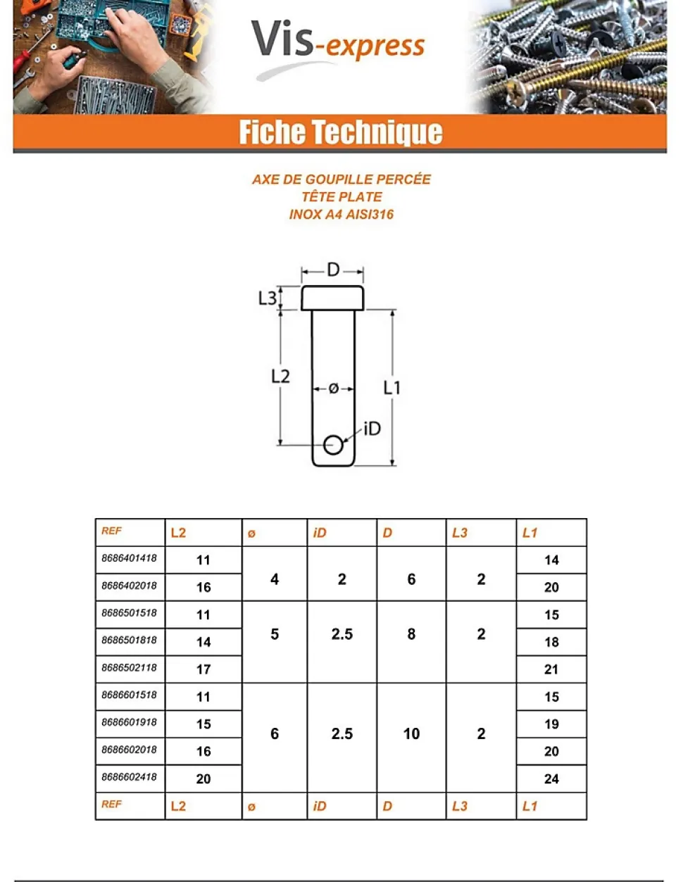 Goupille Tête plate 6X64 Percée 2.5 Inox A4 - 5 pièces