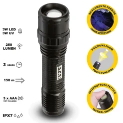 HORATIO : Torche 3W LED + UV. Fonction zoom. En aluminium.