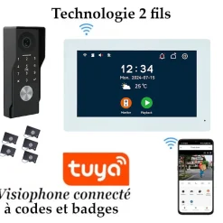Interphone vidéo connectée 2 fils avec digicode et badges