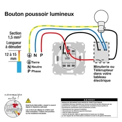 Interrupteur poussoir lumineux LED bleu 10A à vis Schneider Electric Odace aluminium