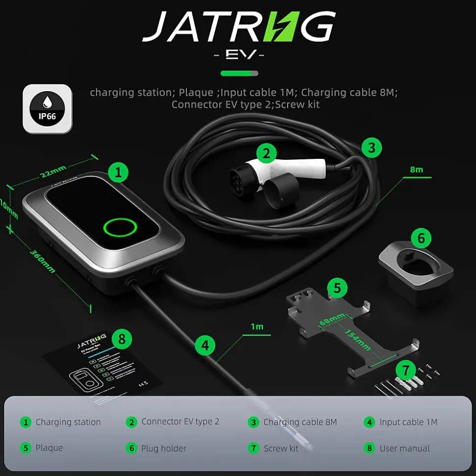 JATRHG S1 borne de recharge IP66 pour véhicules électriques, 7,2 kW / 32 A, monophasé, avec câble type 2 de 8 m