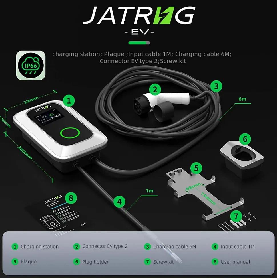 JATRHG S1 borne de recharge IP66 pour véhicules électriques, 7,2 kW / 32 A, monophasé, avec câble type 2 de 6 m