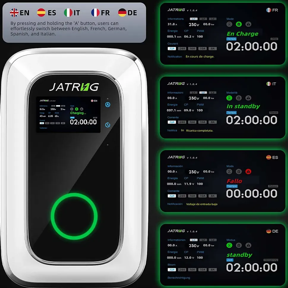 JATRHG S1 borne de recharge IP66 pour véhicules électriques, 7,2 kW / 32 A, monophasé, avec câble type 2 de 6 m