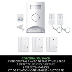 Kit Alarme autonome détection de mouvement Eclairage alerte intégré détecteur ouverture x3 et télécommande x2
