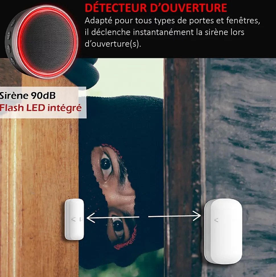 Kit Alarme Etendu Évolutif 868 Mhz connecté Wifi 2,4Ghz avec Sirène 90dB Flash LED intégré (9 zones détectées)