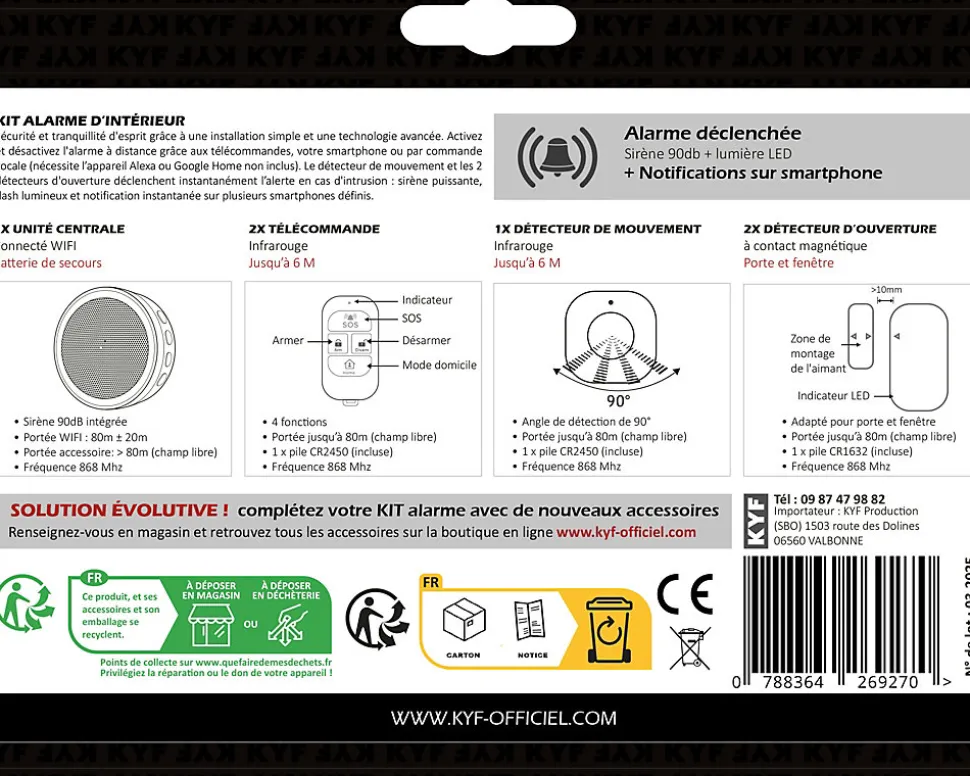 Kit Alarme Etendu Évolutif 868 Mhz connecté Wifi 2,4Ghz avec Sirène 90dB Flash LED intégré (9 zones détectées)