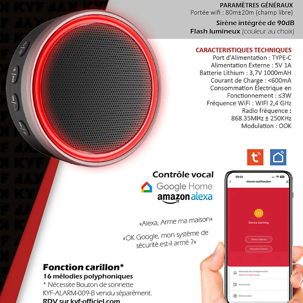 Kit Alarme Évolutif 868 Mhz connecté Wifi 2,4Ghz avec Sirène 90dB Flash LED intégré