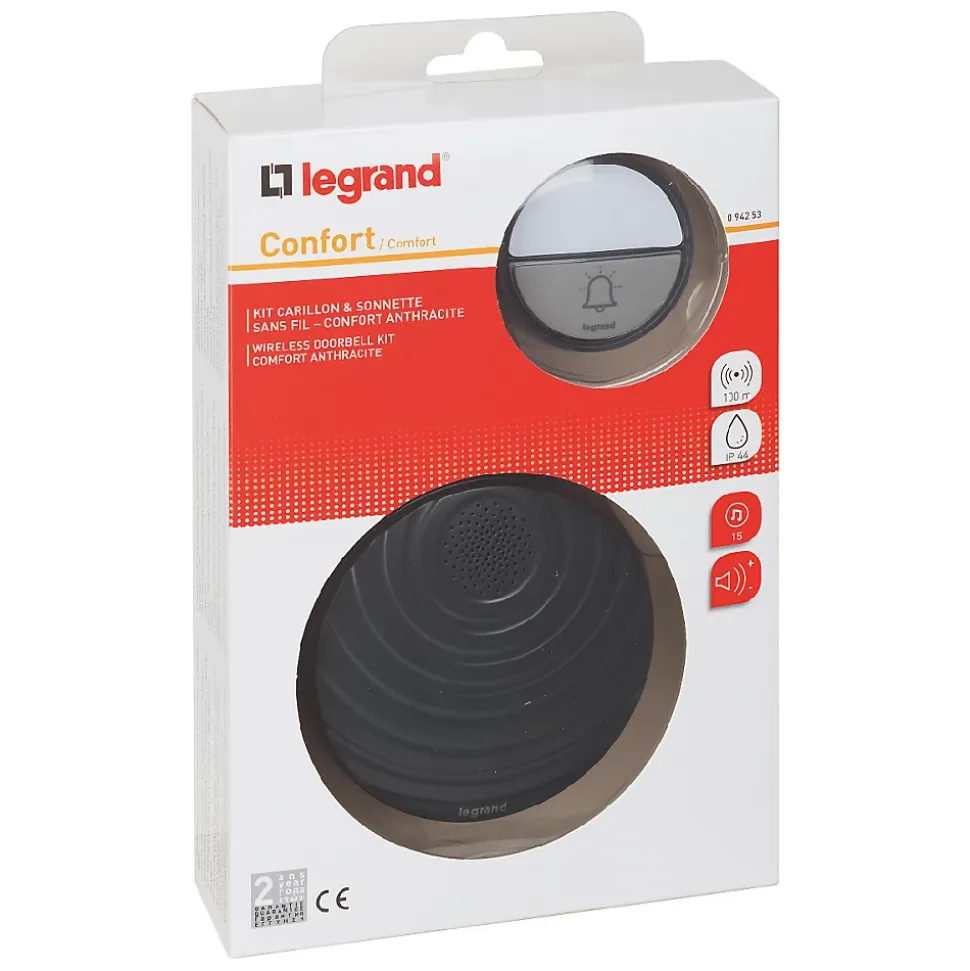 Kit Confort carillon et sonnette sans fil Legrand avec 15 mélodies alimentation par piles - anthracite