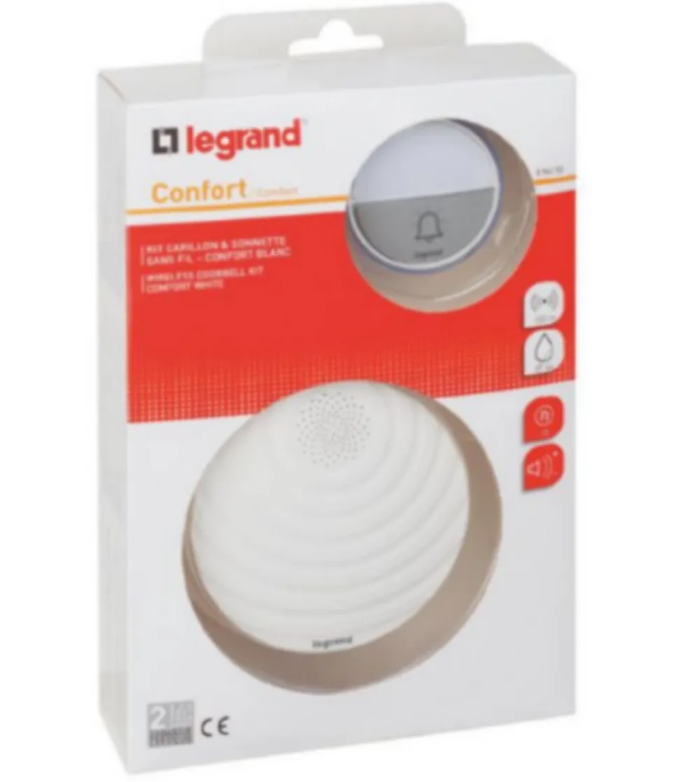 Kit Confort carillon et sonnette sans fil Legrand avec 15 mélodies alimentation par piles - blanc