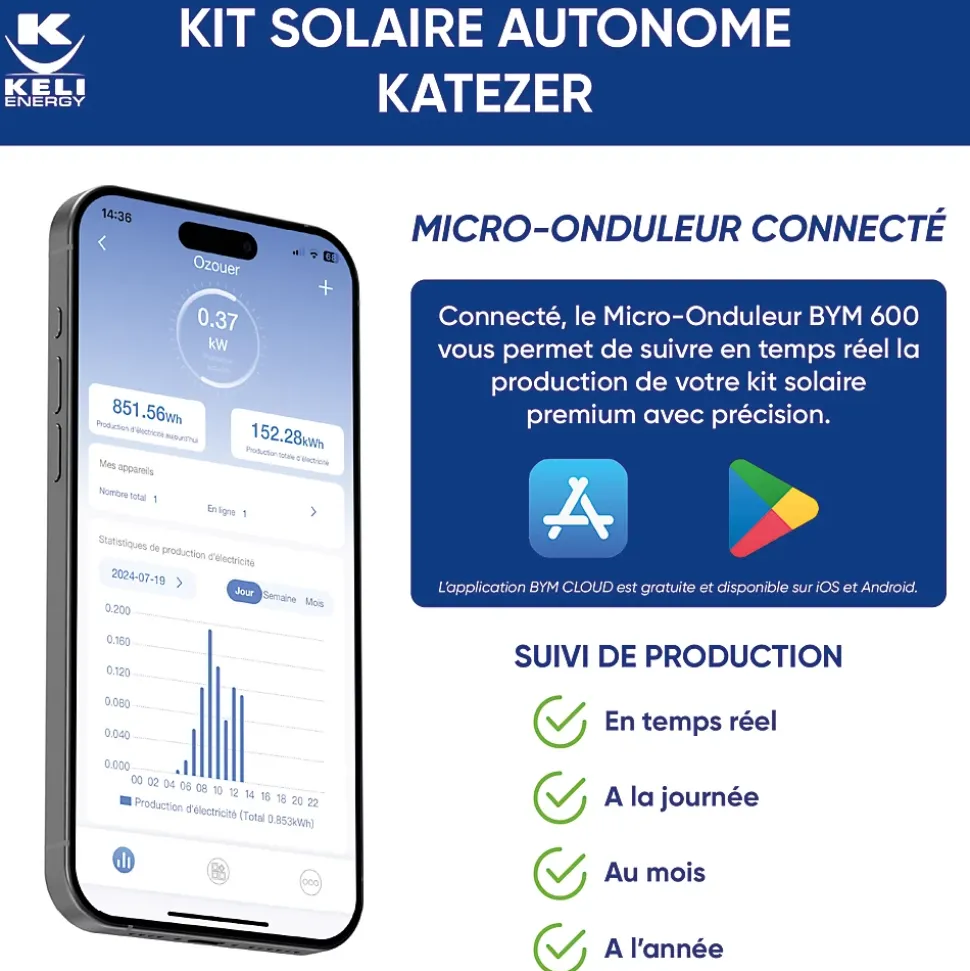 Kit Solaire KATEZER Connecté 840W - Prêt à Brancher - PV Bifacial - Installation Facile - Suivi Direct - Pose : Sol, Mur, Balcon