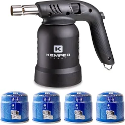 Lampe à souder à gaz Professionnelle Utilisation 360 degrés Chalumeau Gaz Allumage piezo 4 Cartouches gaz Perçables KEMPER