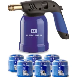 Lampe a souder Coque Acier Allumage piezo + 6 Cartouches de gaz 190gr STOP GAZ Perçables KEMPER