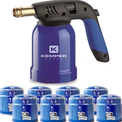 Lampe a souder Coque Acier allumage piezo + 8 Cartouches de gaz 190gr STOP GAZ Perçables KEMPER